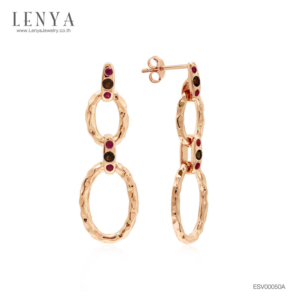 LENYA ต่างหูเงินแท้ 925 ชุบพิ้งโกลด์ ประดับด้วยพลอย ทับทิม(Ruby) และ สโมคกี้ควอตซ์(Smoky Quartz) ต่างหูคู่สวย สวยรับกับใบหน้า