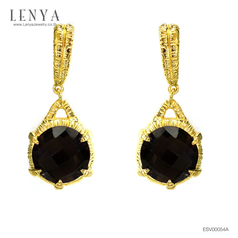 LENYA ต่างหูพลอย สโมกกี้ควอตซ์ (Smoky Quartz)  ตัวเรือนเงินแท้925 ชุบทอง