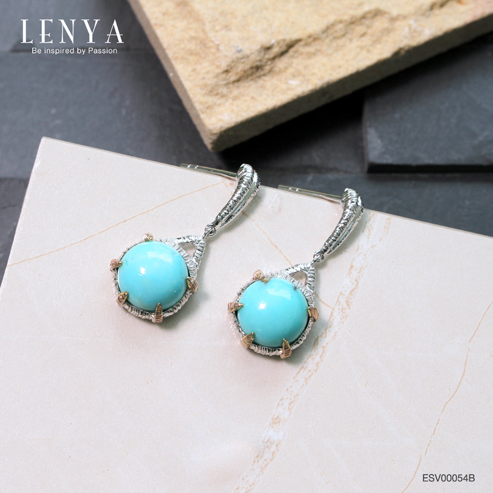 LENYA ต่างหูเทอควอยส์ (Turquoise) สีฟ้า หลังเบี้ย ทรงกลม ตัวเรือนเงินแท้ชุบสีทองคำขาวและทองคำ
