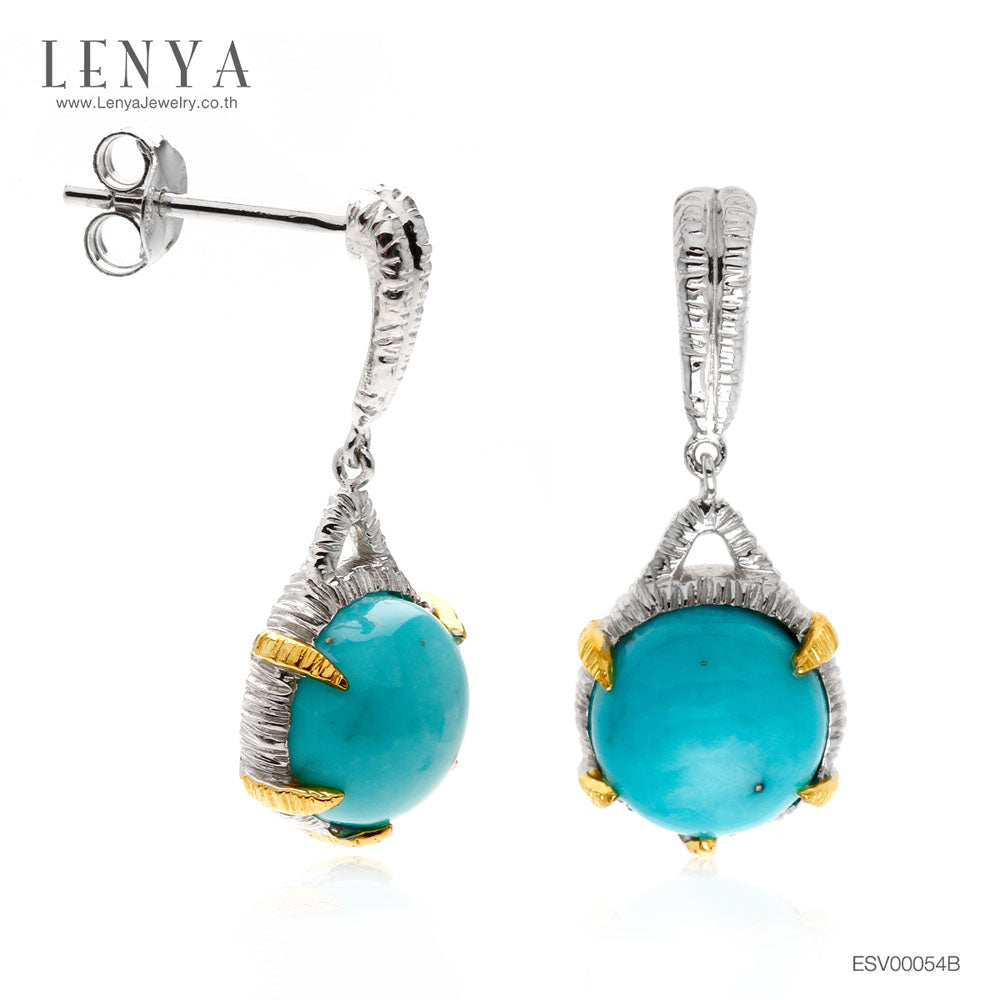 LENYA ต่างหูเทอควอยส์ (Turquoise) สีฟ้า หลังเบี้ย ทรงกลม ตัวเรือนเงินแท้ชุบสีทองคำขาวและทองคำ