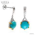 LENYA ต่างหูเทอควอยส์ (Turquoise) สีฟ้า หลังเบี้ย ทรงกลม ตัวเรือนเงินแท้ชุบสีทองคำขาวและทองคำ
