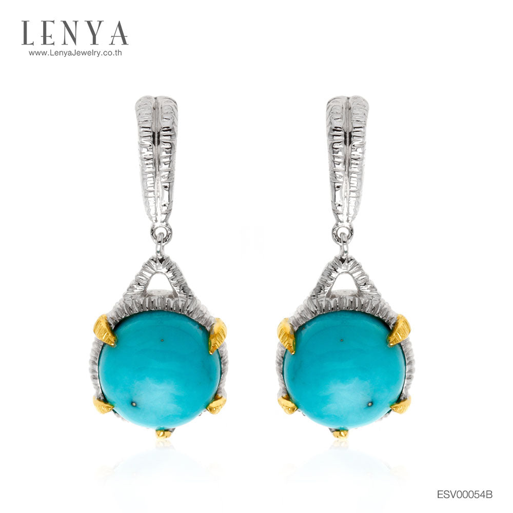 LENYA ต่างหูเทอควอยส์ (Turquoise) สีฟ้า หลังเบี้ย ทรงกลม ตัวเรือนเงินแท้ชุบสีทองคำขาวและทองคำ