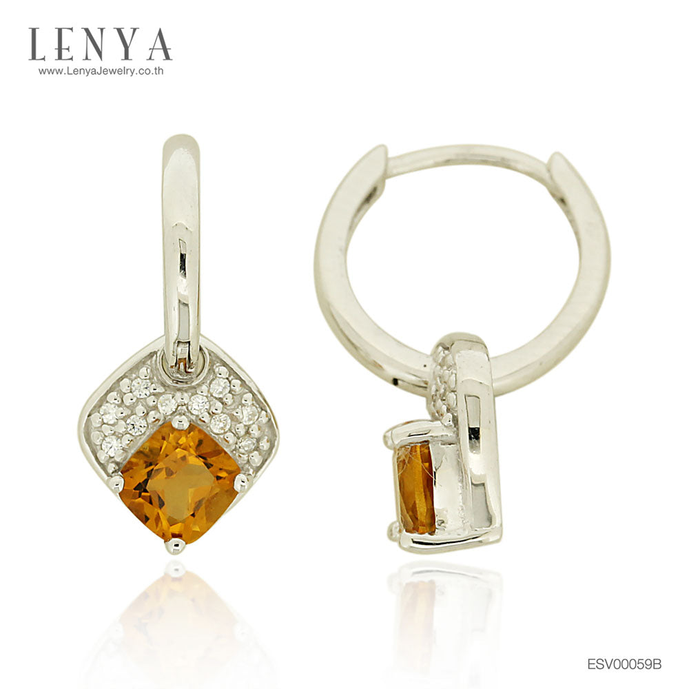 LENYA ต่างหูพลอยซิทริน ช่วยเรียกทรัพย์ สดใส พลังบวก ขนาด 6 มิล ตัวเรือนเงินแท้925 ชุบทองคำขาว
