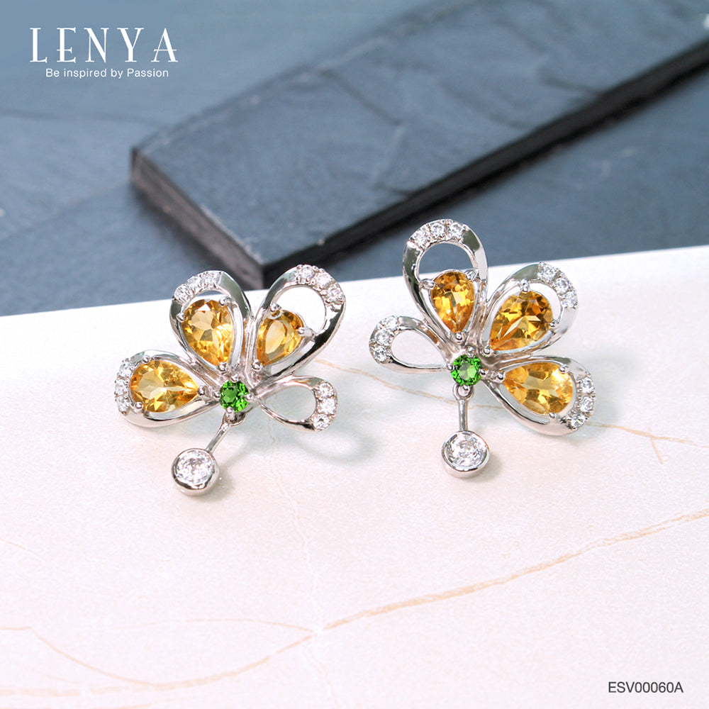 LENYA ต่างหูพลอยซิทริน ช่วยเรียกทรัพย์ สดใส พลังบวก ขนาด 6x4 มิล ตัวเรือนเงินแท้925 ชุบทองคำขาว