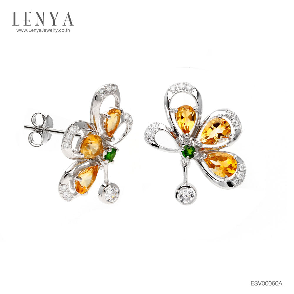LENYA ต่างหูพลอยซิทริน ช่วยเรียกทรัพย์ สดใส พลังบวก ขนาด 6x4 มิล ตัวเรือนเงินแท้925 ชุบทองคำขาว