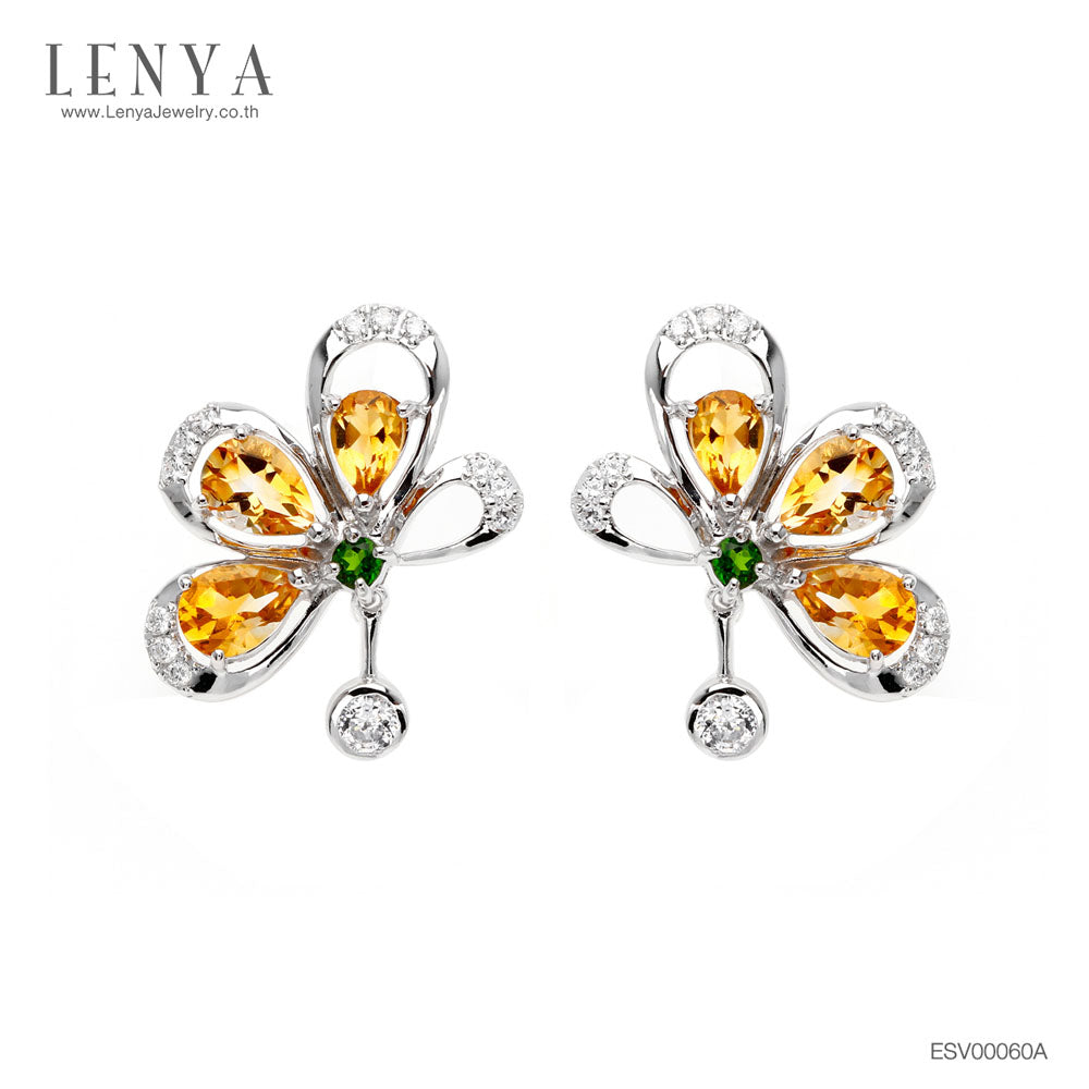 LENYA ต่างหูพลอยซิทริน ช่วยเรียกทรัพย์ สดใส พลังบวก ขนาด 6x4 มิล ตัวเรือนเงินแท้925 ชุบทองคำขาว