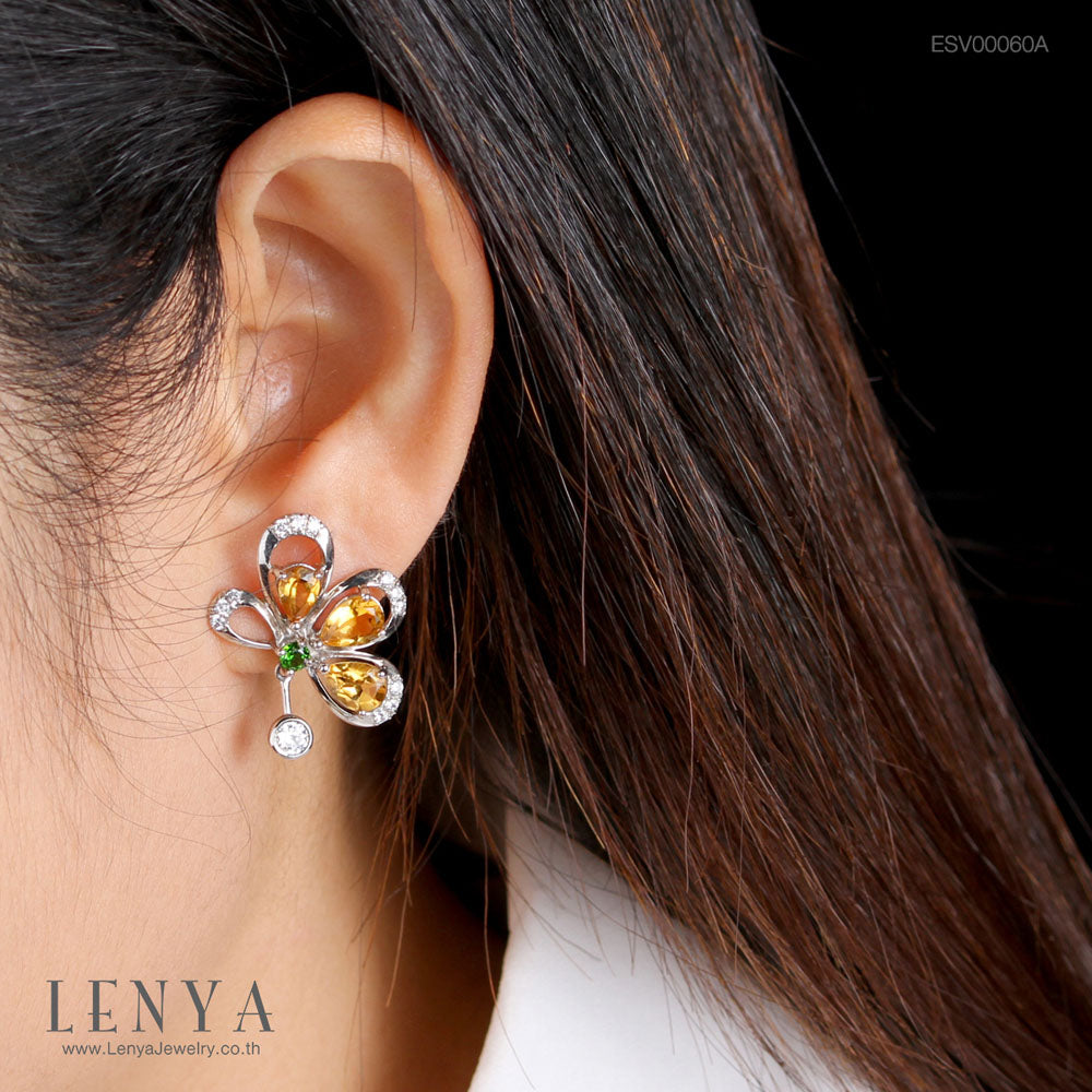 LENYA ต่างหูพลอยซิทริน ช่วยเรียกทรัพย์ สดใส พลังบวก ขนาด 6x4 มิล ตัวเรือนเงินแท้925 ชุบทองคำขาว