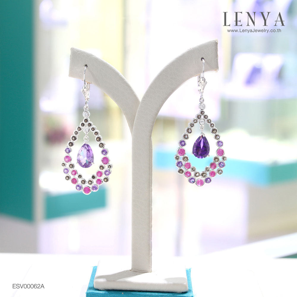 LENYA ต่างหูเงินแท้ 925 ชุบโรเดียม ดีไซน์ทรงหยดนํ้าหวานสไตล์เจ้าหญิง ประดับด้วยอัญมณีมีค่า 4 ชนิด อาทิ Amethyst, Ruby, Smoky Quartz, และ CZ เสริมลุคงามสง่า เด่นสะกดทุกสายในในชั่ววินาที