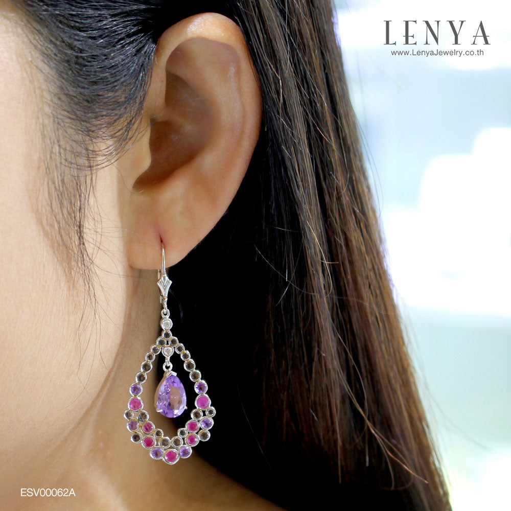 LENYA ต่างหูเงินแท้ 925 ชุบโรเดียม ดีไซน์ทรงหยดนํ้าหวานสไตล์เจ้าหญิง ประดับด้วยอัญมณีมีค่า 4 ชนิด อาทิ Amethyst, Ruby, Smoky Quartz, และ CZ เสริมลุคงามสง่า เด่นสะกดทุกสายในในชั่ววินาที