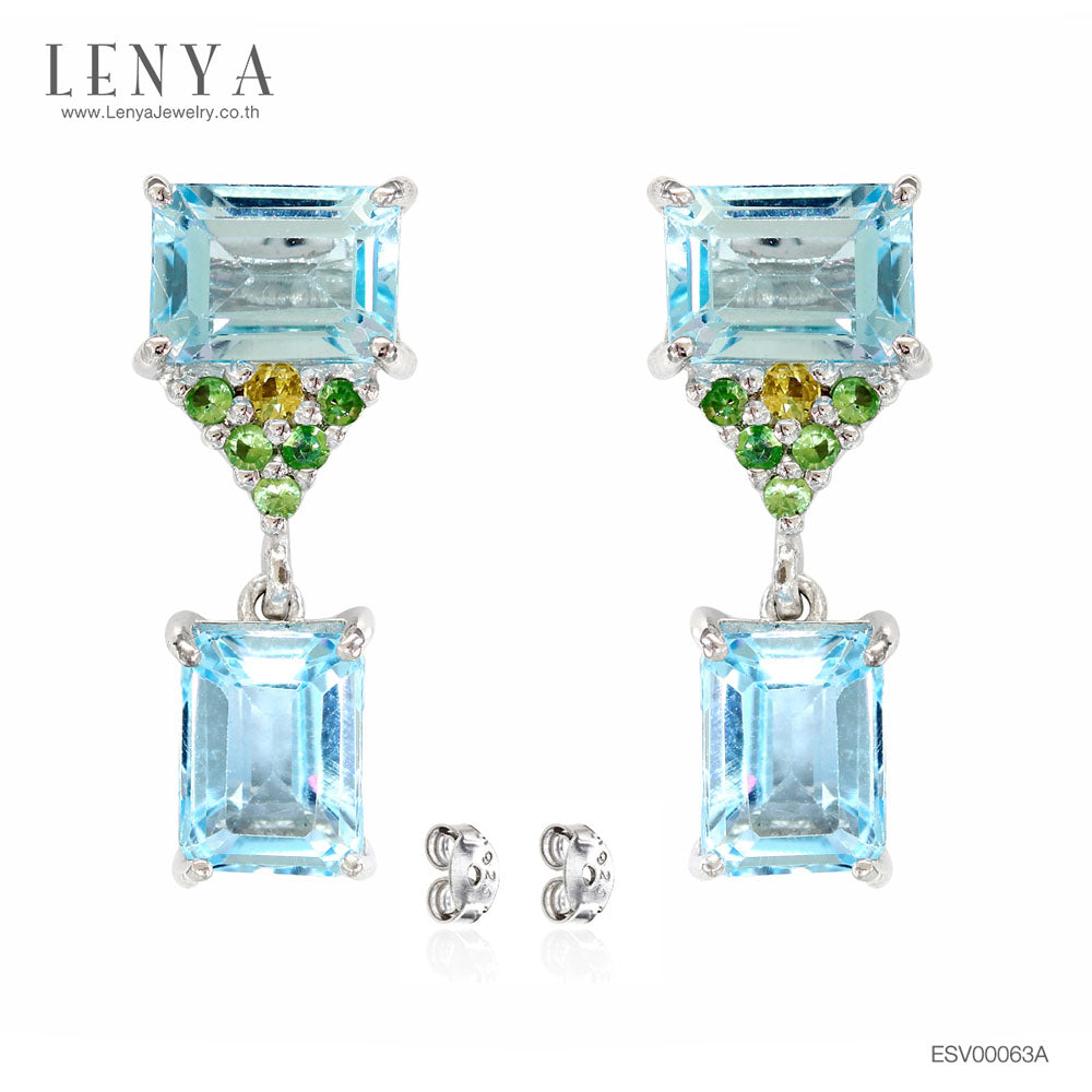 LENYA ต่างหูพลอยบลูโทแพซ เสริมความมั่นใจ ชัดเจน ปัญญา ขนาด 7x5 มิล ตัวเรือนเงินแท้925 ชุบทองคำขาว