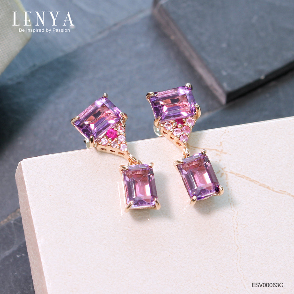 LENYA ต่างหูอะเมทิสต์(Amethyst) สีม่วง ประดับแซฟไฟซ์สีชมพู และทับทิม ตัวเรือนเงินแท้ชุบสีพิ้งค์โกลด์ (Pink Gold)
