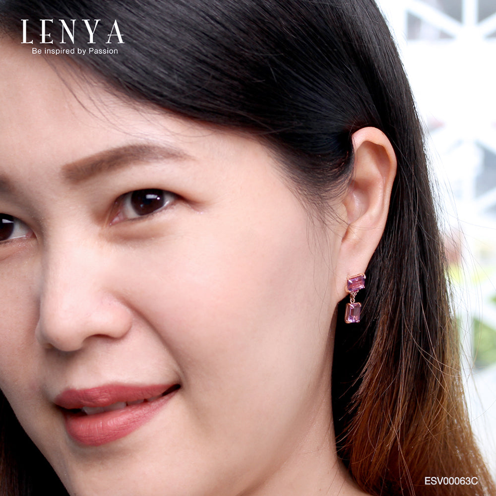 LENYA ต่างหูอะเมทิสต์(Amethyst) สีม่วง ประดับแซฟไฟซ์สีชมพู และทับทิม ตัวเรือนเงินแท้ชุบสีพิ้งค์โกลด์ (Pink Gold)