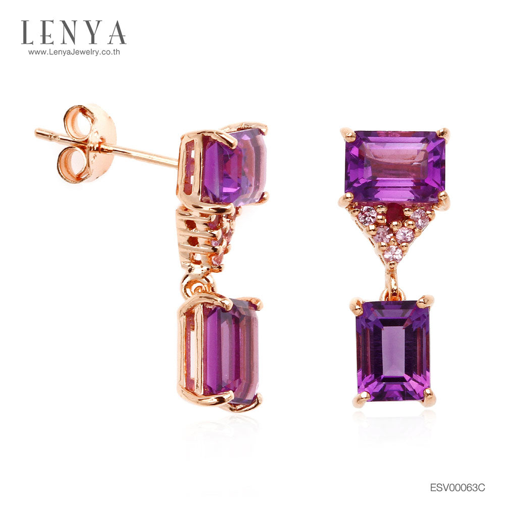 LENYA ต่างหูอะเมทิสต์(Amethyst) สีม่วง ประดับแซฟไฟซ์สีชมพู และทับทิม ตัวเรือนเงินแท้ชุบสีพิ้งค์โกลด์ (Pink Gold)