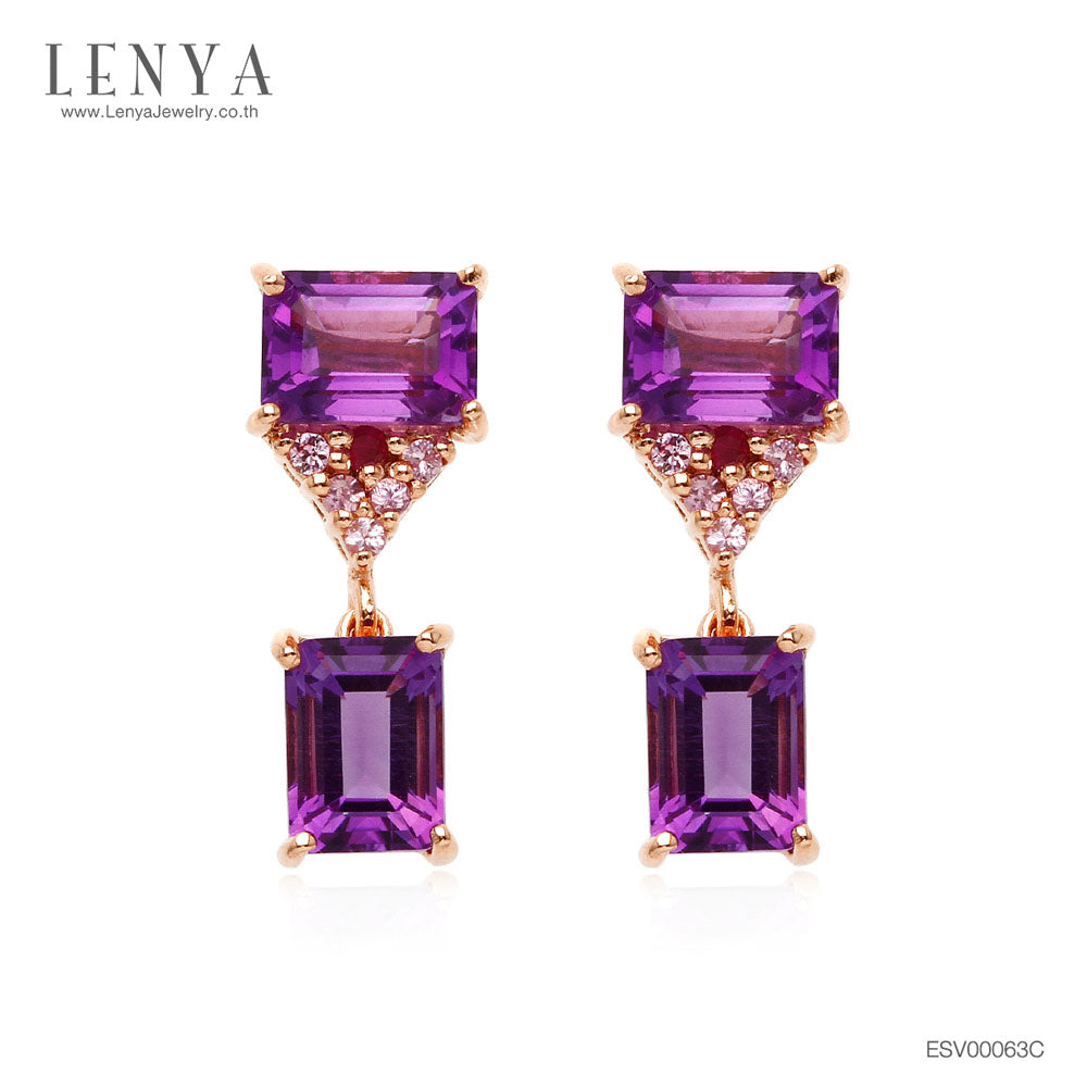 LENYA ต่างหูอะเมทิสต์(Amethyst) สีม่วง ประดับแซฟไฟซ์สีชมพู และทับทิม ตัวเรือนเงินแท้ชุบสีพิ้งค์โกลด์ (Pink Gold)