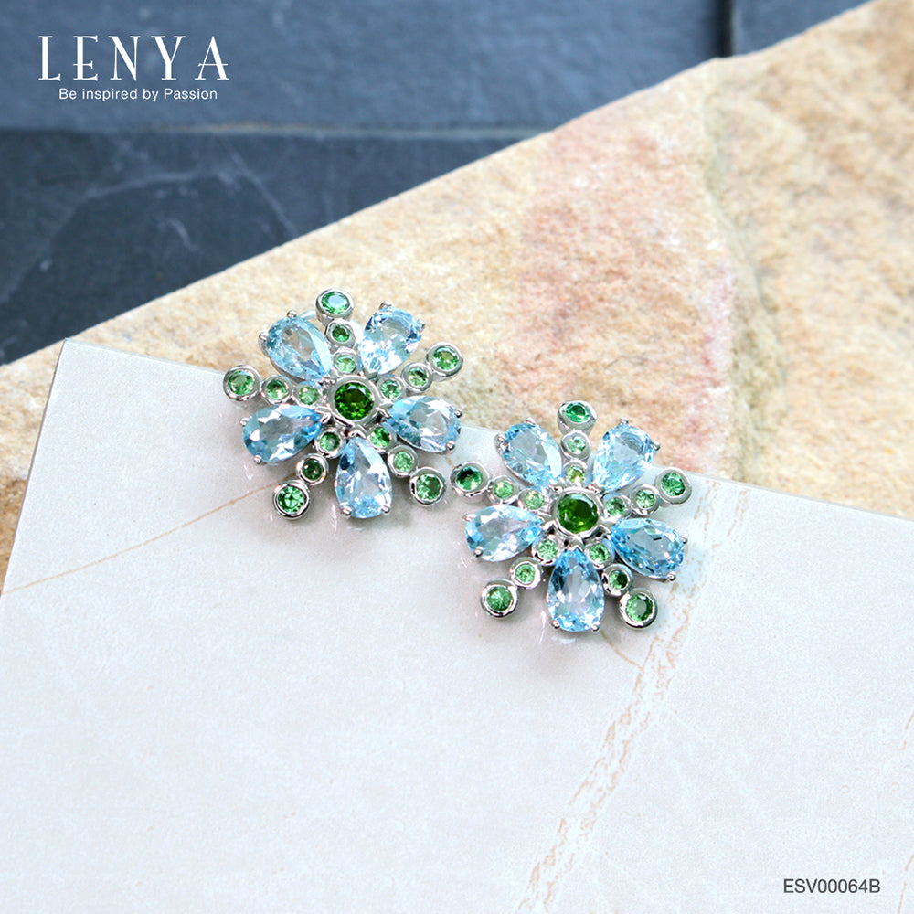 LENYA ต่างหูเงินแท้ 925 ชุบทองขาว ประดับด้วย บลูโทแพซ(Blue Topaz) โครมไดออพไซด์(Chrome Diopsidie) และ ซาโวไรท์( Tsavolite)