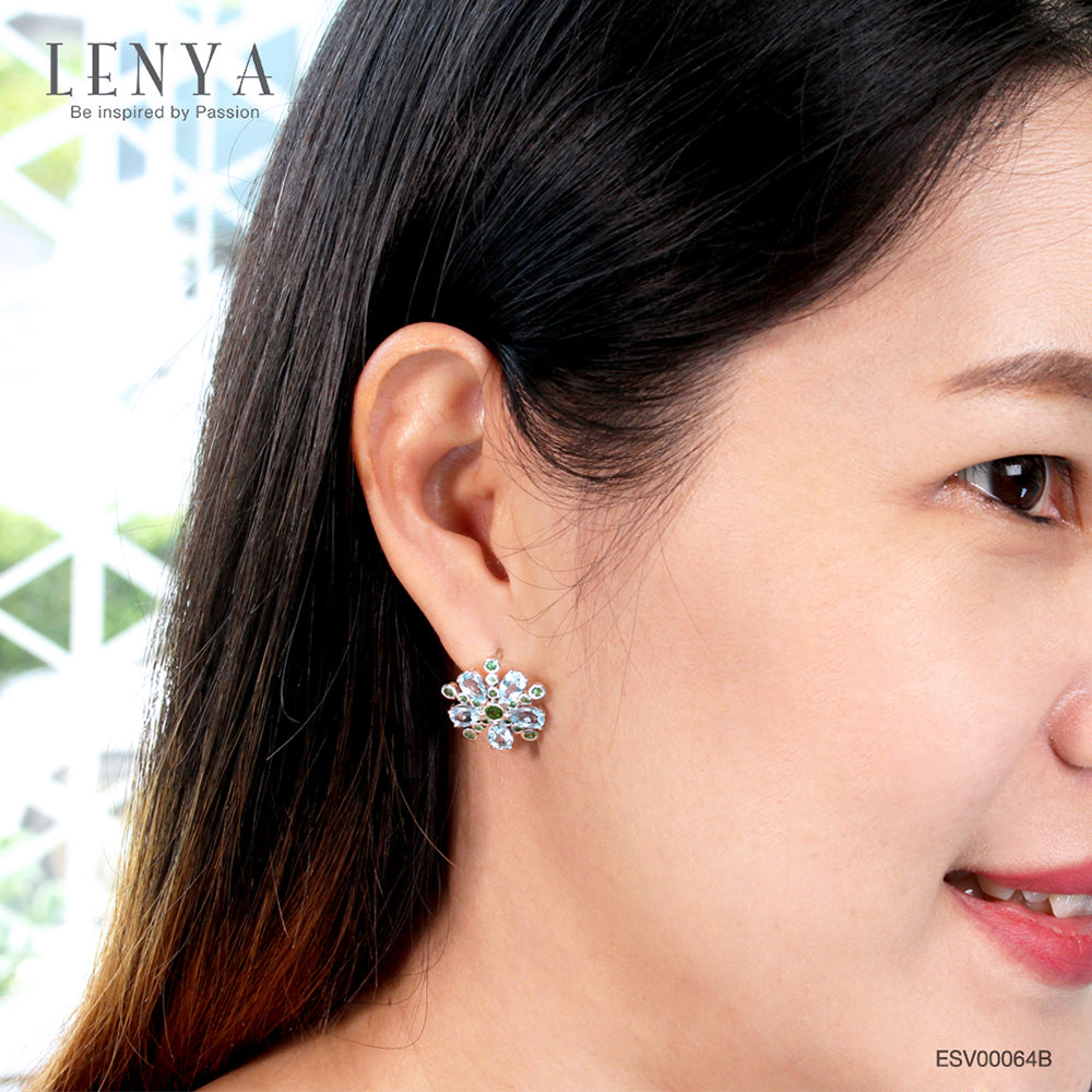 LENYA ต่างหูเงินแท้ 925 ชุบทองขาว ประดับด้วย บลูโทแพซ(Blue Topaz) โครมไดออพไซด์(Chrome Diopsidie) และ ซาโวไรท์( Tsavolite)