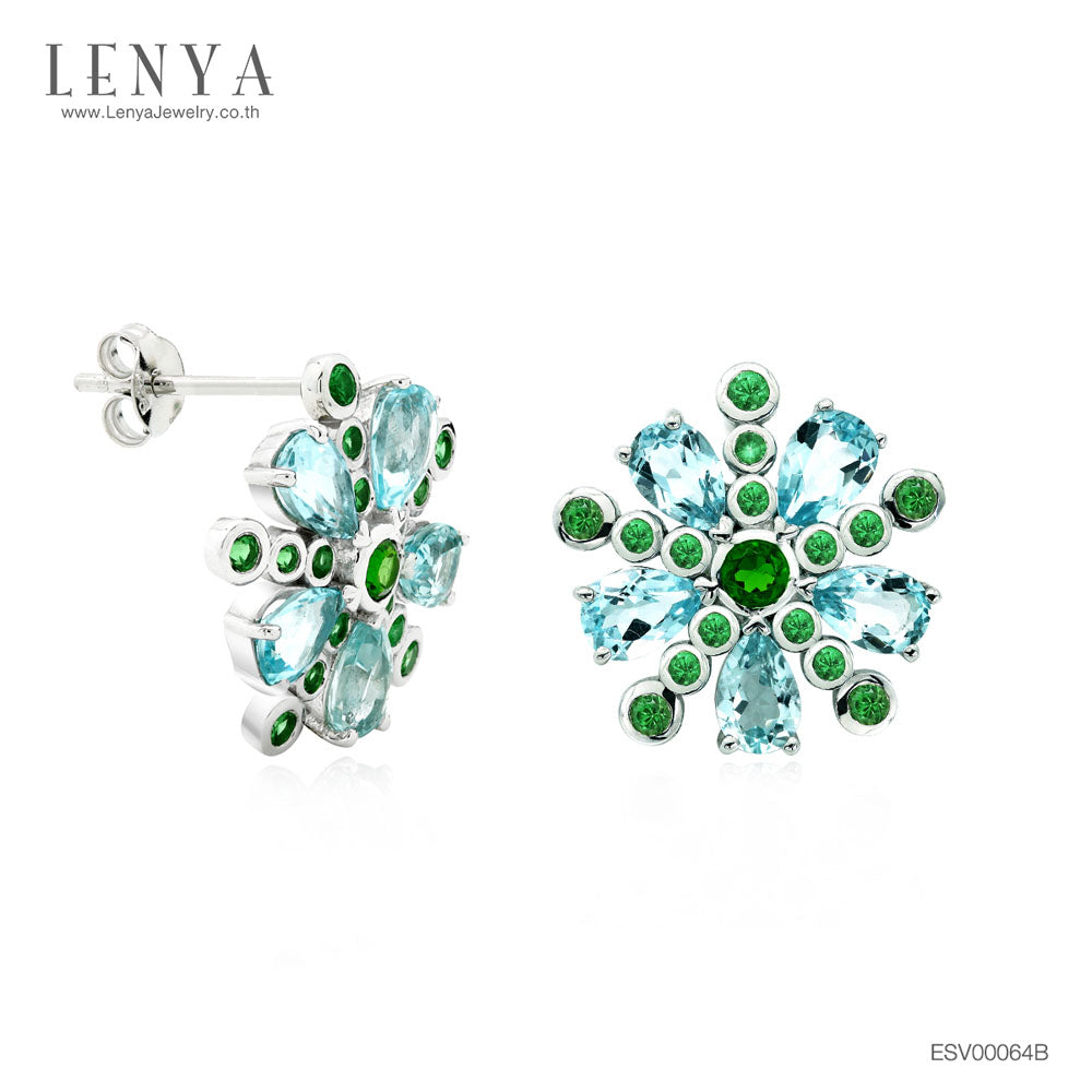 LENYA ต่างหูเงินแท้ 925 ชุบทองขาว ประดับด้วย บลูโทแพซ(Blue Topaz) โครมไดออพไซด์(Chrome Diopsidie) และ ซาโวไรท์( Tsavolite)