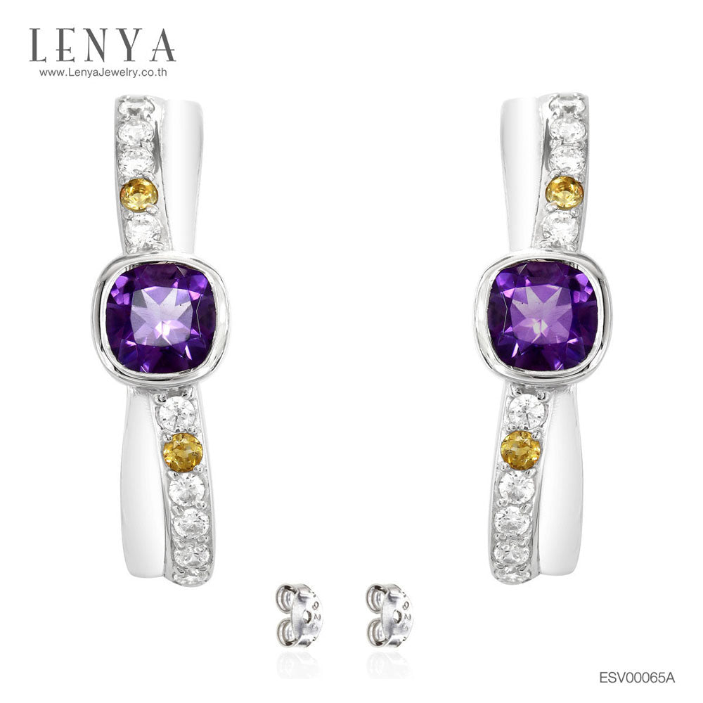 LENYA ต่างหูพลอยอเมทิสต์ เสริมความสงบใจ มีสติ มั่งคั่ง ขนาด 5 มิล ตัวเรือนเงินแท้925 ชุบทองคำขาว