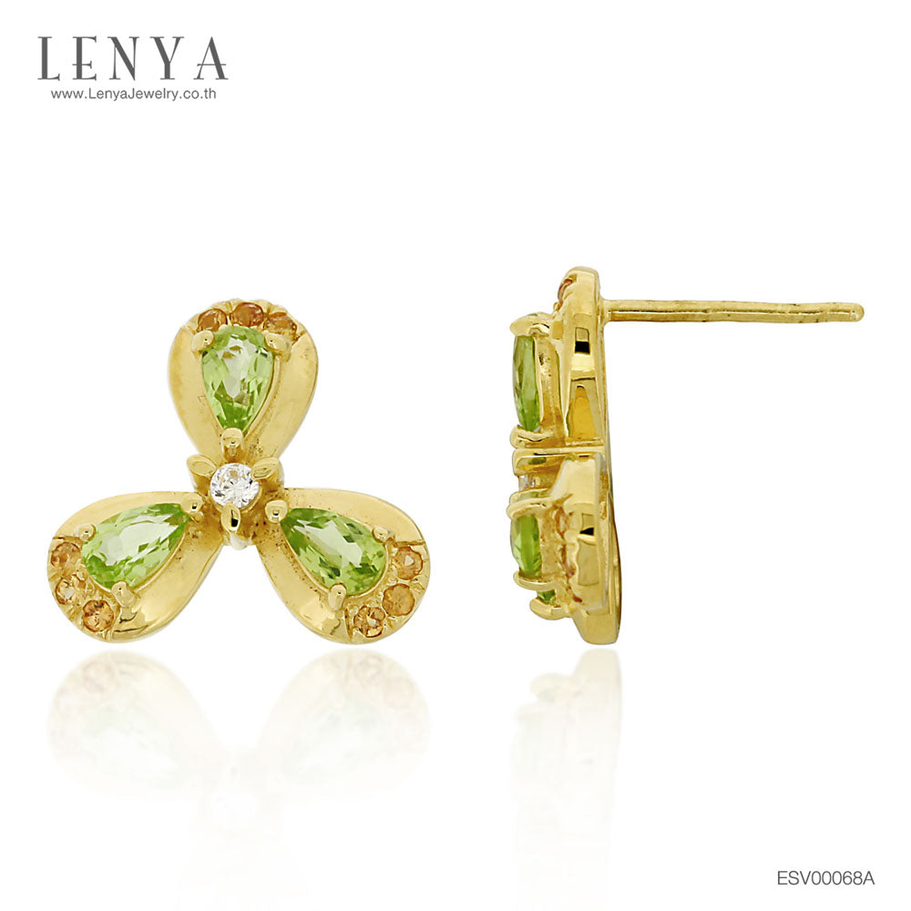 LENYA ต่างหูเงินแท้ 925 ชุบทอง 18 เค ประดับด้วย เพอริดอท(Peridot) แซฟไฟร์สีส้ม(Orange Sapphire) และ คิวบิกเซอร์โคเนีย(Cubic Zirconia)