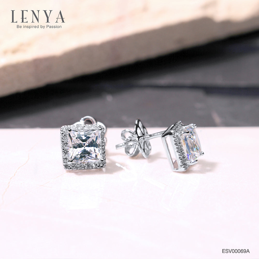 LENYA ต่างหู CZ จาก SWAROVSKI ทรงสี่เหลี่ยมน่ารัก ขนาด 4 มิล ตัวเรือนเงินแท้925 ชุบทองคำขาว