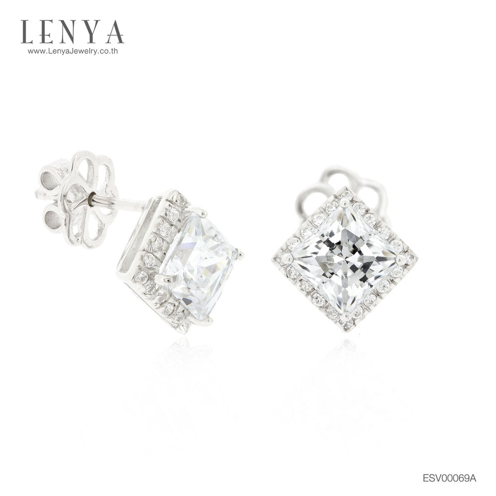 LENYA ต่างหู CZ จาก SWAROVSKI ทรงสี่เหลี่ยมน่ารัก ขนาด 4 มิล ตัวเรือนเงินแท้925 ชุบทองคำขาว