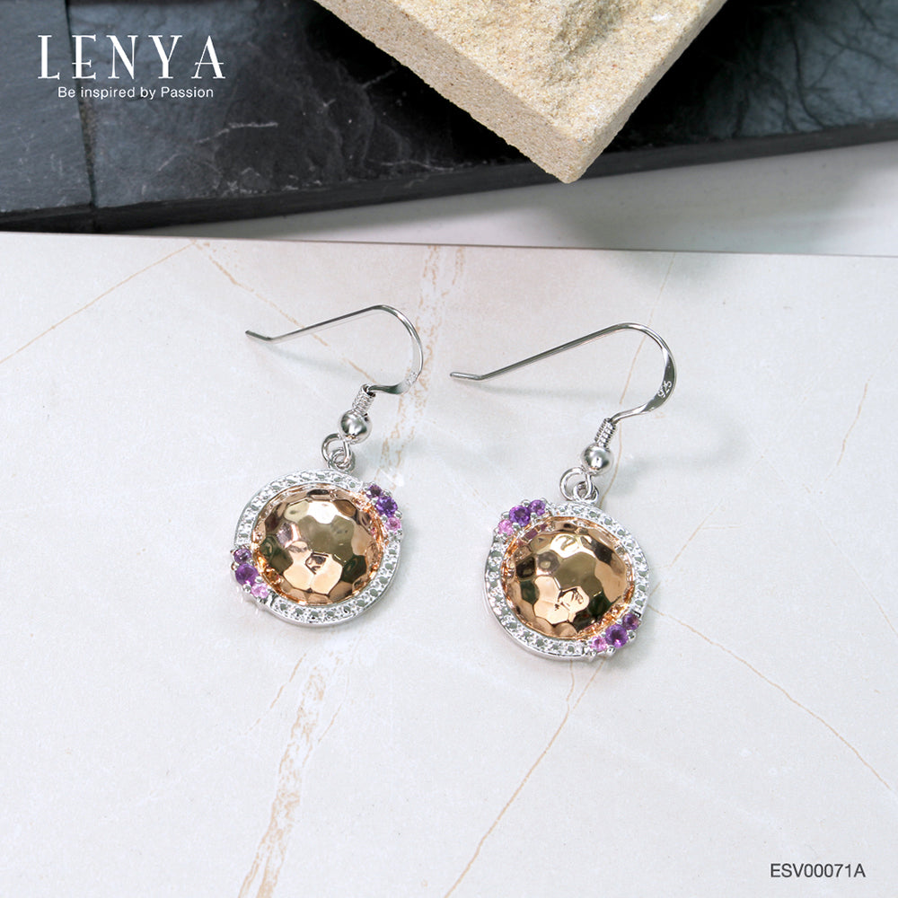 LENYA ต่างหูดีไซน์เก๋ด้วยเท็กซ์เจอร์ที่ไม่เหมือนใคร ประดับพลอยอะเมทิสท์(Amethyst) และแซฟไฟร์สีชมพู(Pink Sapphire)  ตัวเรือนเงินแท้ ชุบสีแบบทูโทน สีพิ้งค์โกลด์แท้และทองคำขาวแท้
