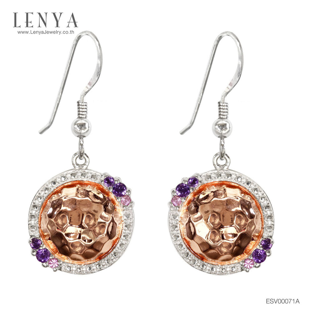 LENYA ต่างหูดีไซน์เก๋ด้วยเท็กซ์เจอร์ที่ไม่เหมือนใคร ประดับพลอยอะเมทิสท์(Amethyst) และแซฟไฟร์สีชมพู(Pink Sapphire)  ตัวเรือนเงินแท้ ชุบสีแบบทูโทน สีพิ้งค์โกลด์แท้และทองคำขาวแท้