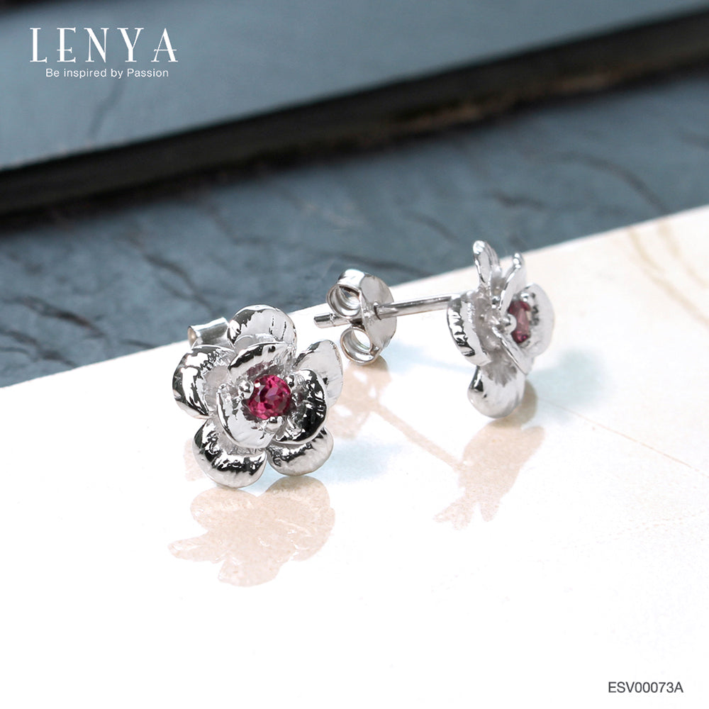 LENYA ต่างหูพลอยโรโดไลท์ เสริมความรักความสัมพันธ์ ขนาด 2.5 มิล ตัวเรือนเงินแท้925 ชุบทองคำขาว