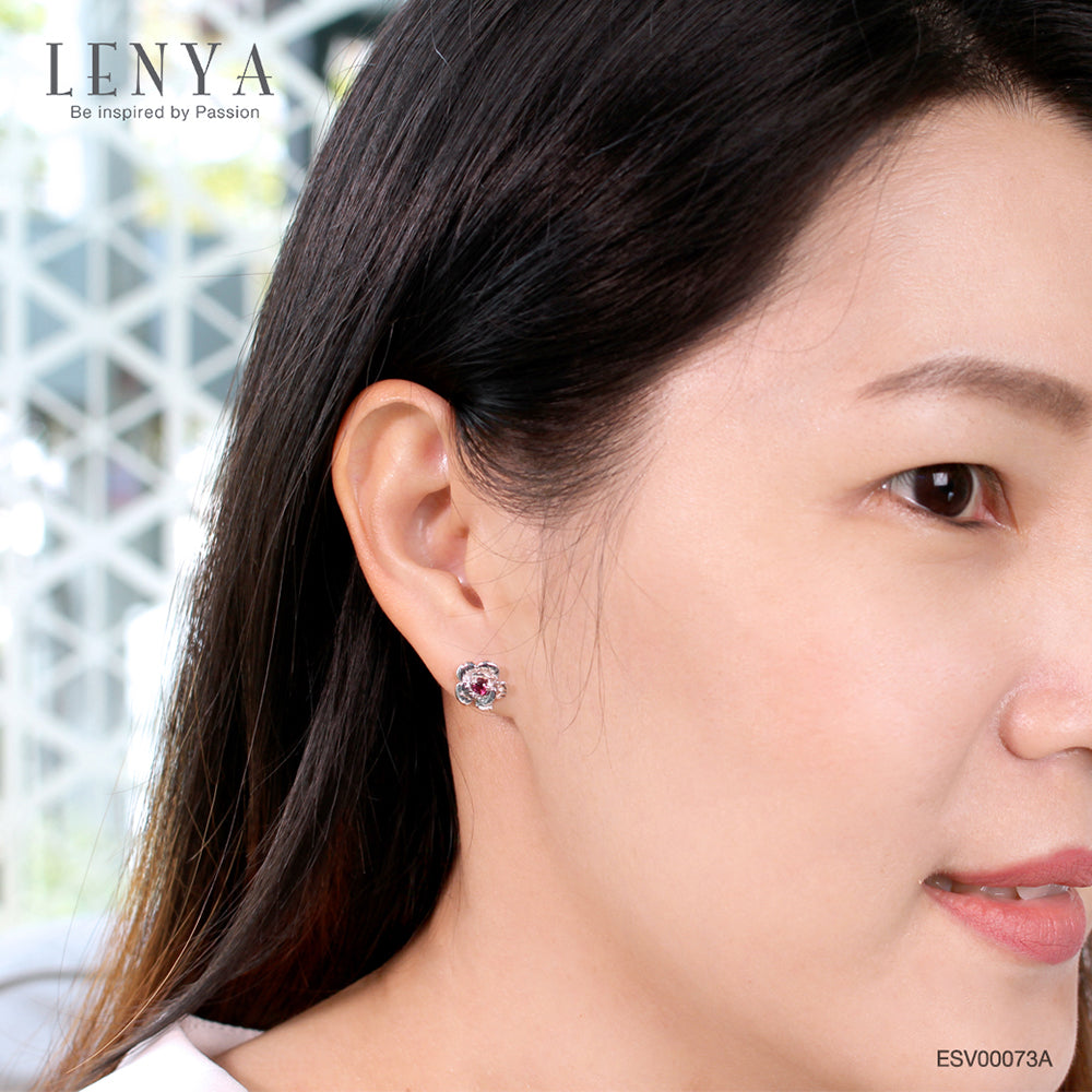 LENYA ต่างหูพลอยโรโดไลท์ เสริมความรักความสัมพันธ์ ขนาด 2.5 มิล ตัวเรือนเงินแท้925 ชุบทองคำขาว