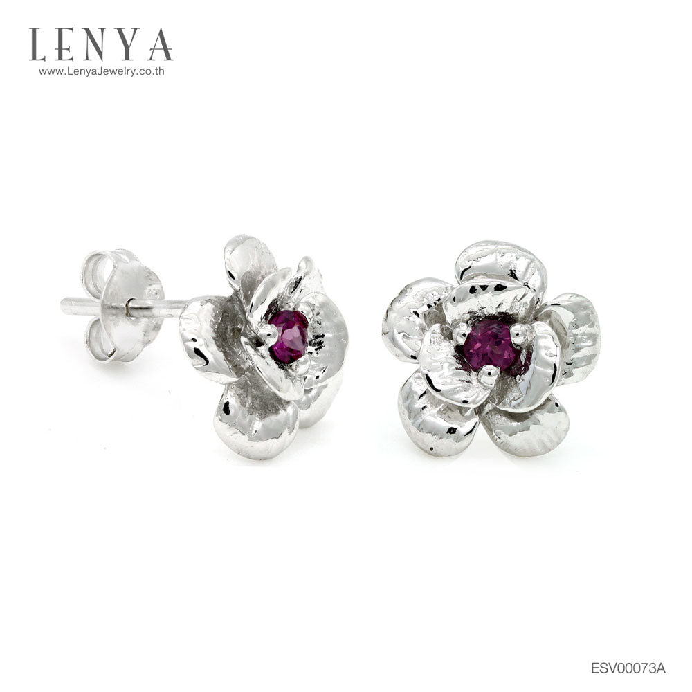 LENYA ต่างหูพลอยโรโดไลท์ เสริมความรักความสัมพันธ์ ขนาด 2.5 มิล ตัวเรือนเงินแท้925 ชุบทองคำขาว