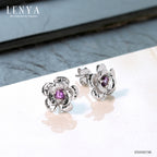 LENYA ต่างหูอะเมทิตส์ ลายดอกไม้ ดีไซน์ติดหู ตัวเรือนเงินแท้ 925 ชุบทองคำขาว เล่นลายที่กลีบดอก