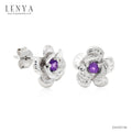 LENYA ต่างหูอะเมทิตส์ ลายดอกไม้ ดีไซน์ติดหู ตัวเรือนเงินแท้ 925 ชุบทองคำขาว เล่นลายที่กลีบดอก