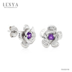 LENYA ต่างหูอะเมทิตส์ ลายดอกไม้ ดีไซน์ติดหู ตัวเรือนเงินแท้ 925 ชุบทองคำขาว เล่นลายที่กลีบดอก
