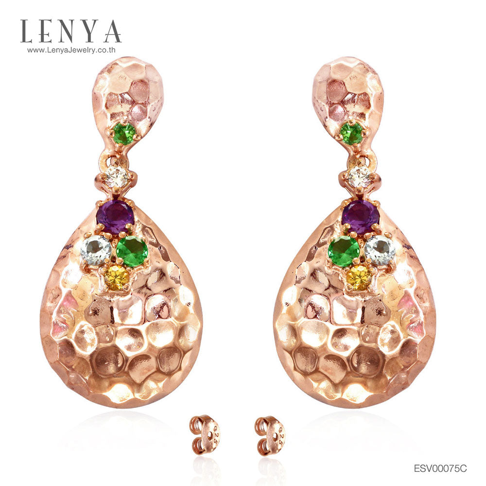 LENYA ต่างหูเงินแท้ 925 ลาย Hammer ชุบพิ้งโกลด์ ประดับด้วยอัญมณีหลายชนิด อเมทีส ซาโวไลท์ บลูโทแพซ ซัฟไฟร์สีเหลือง คิวบิกเซอร์โคเนีย