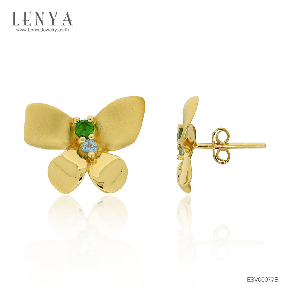 LENYA ต่างหูดีไซน์ผีเสื้อน้อยแสนหวาน ประดับด้วยบลูโทแพซ (Blue topaz) และโครมไดออพไซด์ (Chrome Diopside) ตัวเรือนเงินชุบแท้ทอง