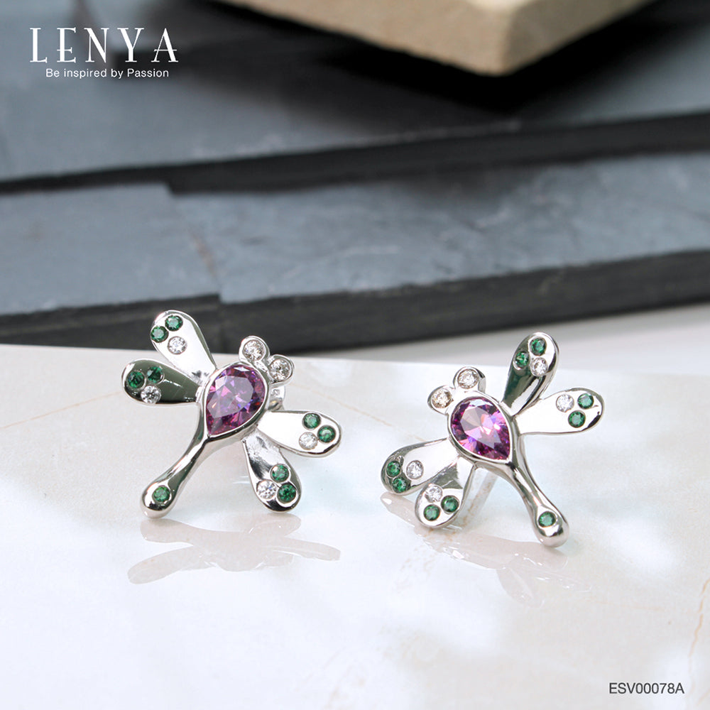 LENYA ต่างหู CZ สีม่วง จาก Swarovski ดีไซน์เก๋ทันสมัย ขนาด 6x4 มิล ตัวเรือนเงินแท้925 ชุบทองคำขาว