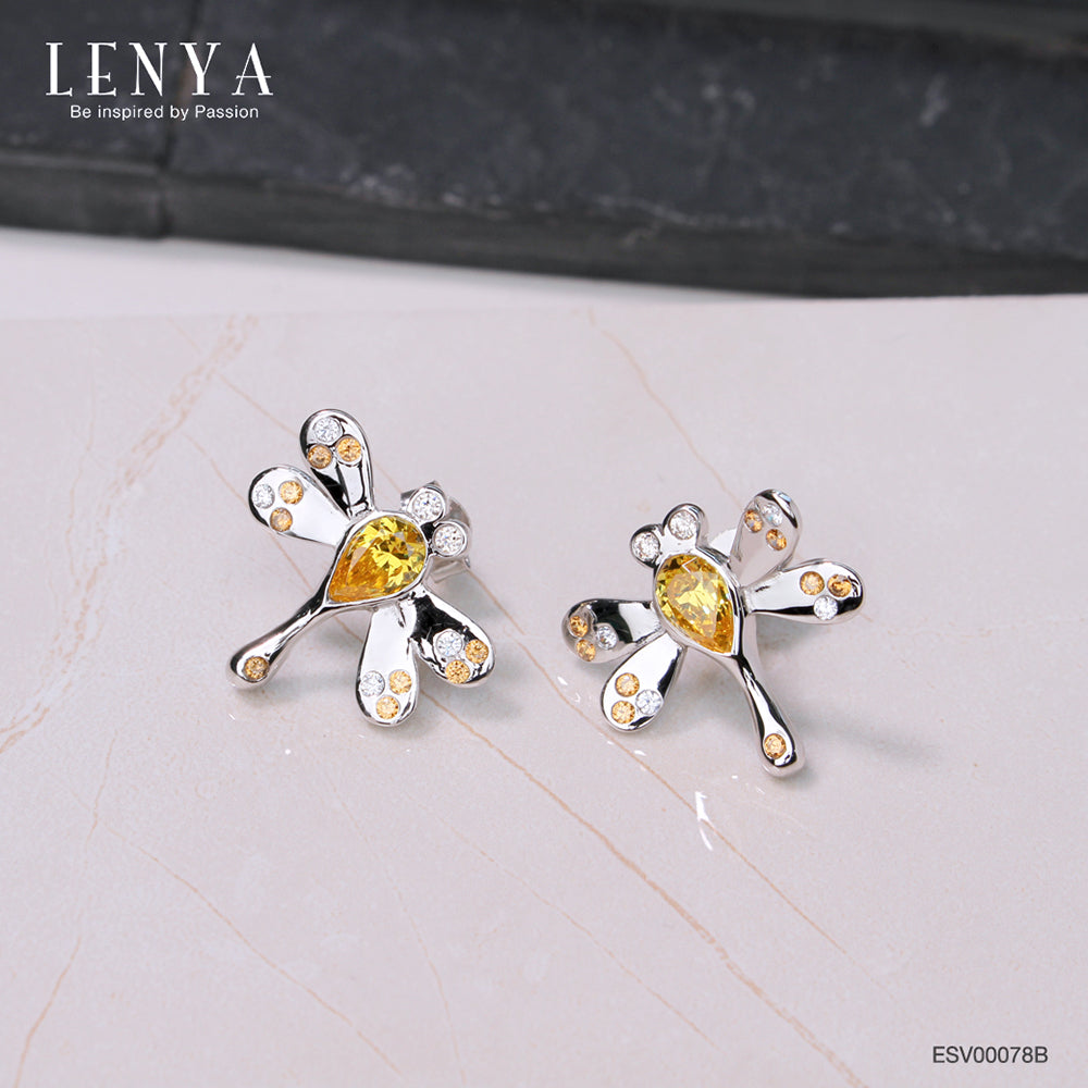 LENYA ต่างหู CZ สีเหลือง จาก SWAROVSKI ดีไซน์เก๋ทันสมัย ขนาด 6x4 มิล ตัวเรือนเงินแท้925 ชุบทองคำขาว