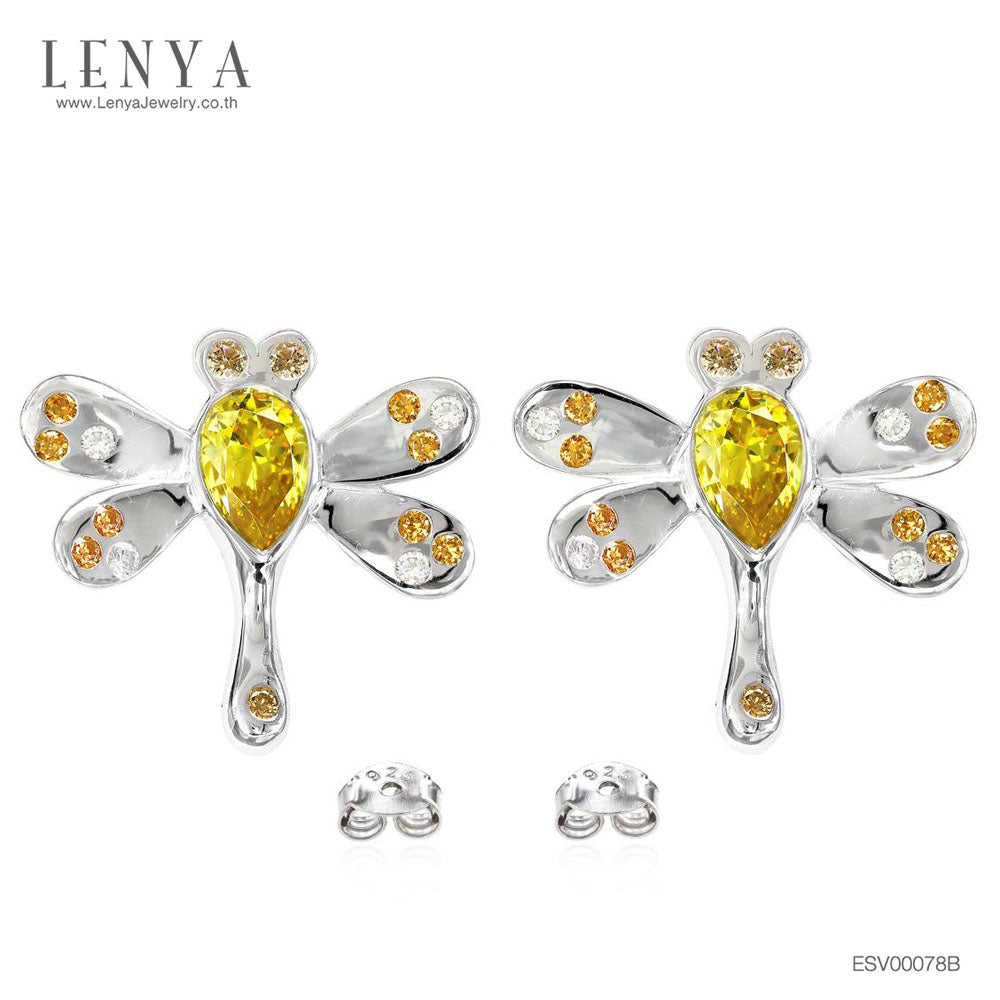 LENYA ต่างหู CZ สีเหลือง จาก SWAROVSKI ดีไซน์เก๋ทันสมัย ขนาด 6x4 มิล ตัวเรือนเงินแท้925 ชุบทองคำขาว