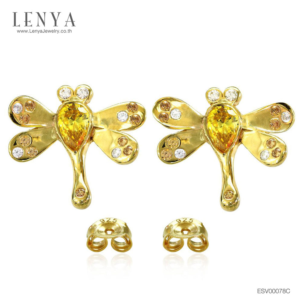 LENYA ต่างหู CZ สีเหลือง จาก SWAROVSKI ดีไซน์เก๋ทันสมัย ขนาด 6x4 มิล ตัวเรือนเงินแท้925 ชุบสีทองคำ