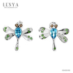 LENYA ต่างหูรูปแมงปอ ประดับพลอยบลูโทปาซ(Blue Topaz) ตรงกลาง สโมคกี้ควอร์ซ (Smoky quartz) และซาโวไรท์ (Tzavorite) ตัวเรือนเงินแท้ชุบทองคำขาว