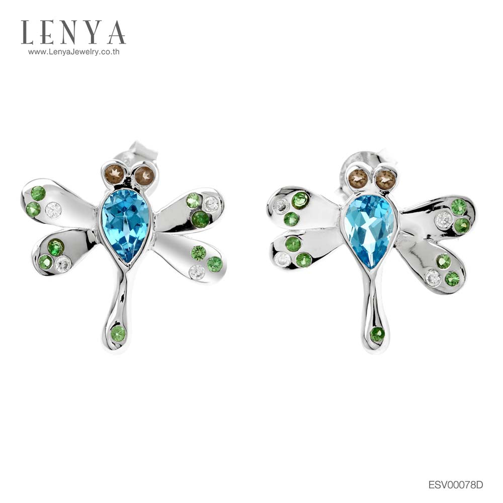 LENYA ต่างหูรูปแมงปอ ประดับพลอยบลูโทปาซ(Blue Topaz) ตรงกลาง สโมคกี้ควอร์ซ (Smoky quartz) และซาโวไรท์ (Tzavorite) ตัวเรือนเงินแท้ชุบทองคำขาว