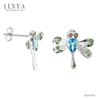 LENYA ต่างหูรูปแมงปอ ประดับพลอยบลูโทปาซ(Blue Topaz) ตรงกลาง สโมคกี้ควอร์ซ (Smoky quartz) และซาโวไรท์ (Tzavorite) ตัวเรือนเงินแท้ชุบทองคำขาว