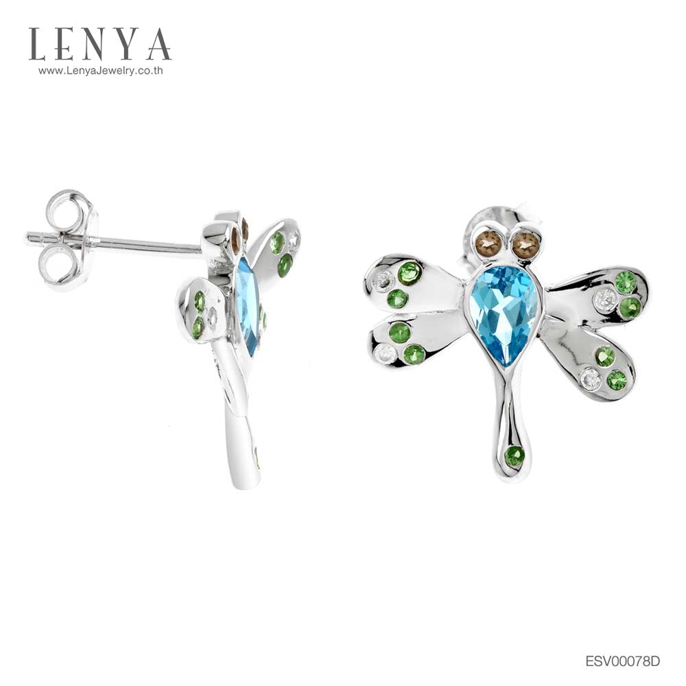 LENYA ต่างหูรูปแมงปอ ประดับพลอยบลูโทปาซ(Blue Topaz) ตรงกลาง สโมคกี้ควอร์ซ (Smoky quartz) และซาโวไรท์ (Tzavorite) ตัวเรือนเงินแท้ชุบทองคำขาว