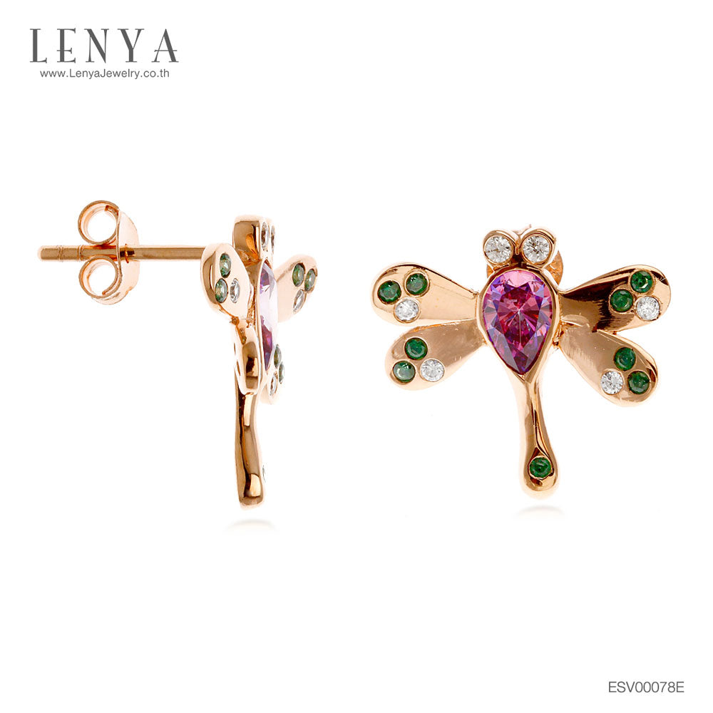 LENYA ต่างหูเงินแท้ 925 ชุบ Pink Gold ดีไซน์รูปแมลงปอ ประดับด้วย Swarovski Zirconia 4 สี ม่วง, แชมเปญ, ขาว, เขียว ให้ลุคสวยมีสไตล์ เลอค่า ดูอบอุ่น ดูมีราศี เหมาะทั้งซื้อใส่เองและเป็นของฝาก