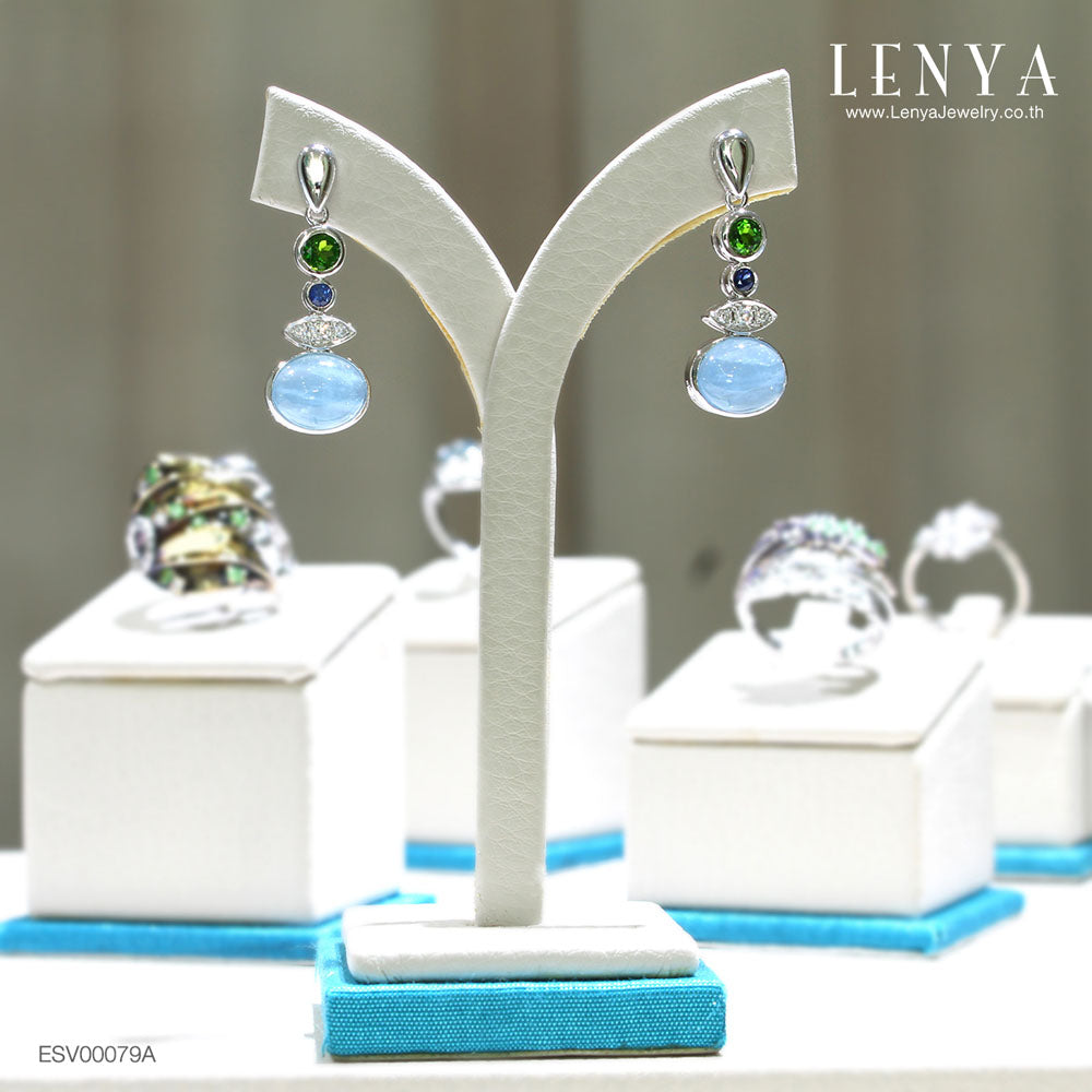 LENYA ต่างหูหินอะความารีน เสริมความสงบ ความกล้าหาญ ขนาด 10x8 มิล ตัวเรือนเงินแท้925 ชุบทองคำขาว