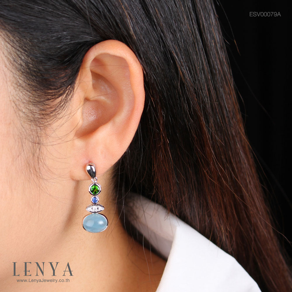 LENYA ต่างหูหินอะความารีน เสริมความสงบ ความกล้าหาญ ขนาด 10x8 มิล ตัวเรือนเงินแท้925 ชุบทองคำขาว