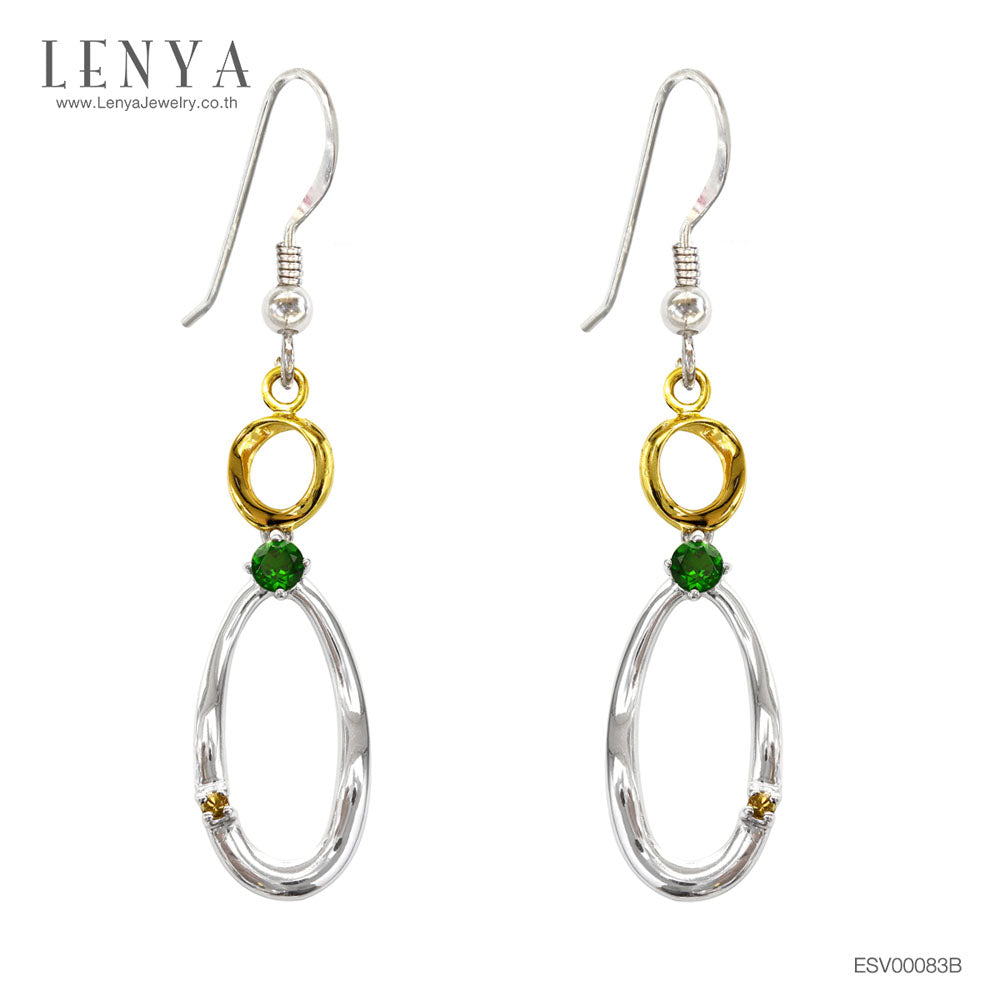LENYA ต่างหูเงินแท้ 925 ชุบ Two Tone สีทอง และ ทองขาว ประดับด้วยพลอย โครมไดออฟไซด์(Chrome Diopside) และ ซัฟไฟร์สีส้ม(Orange Sapphire)