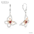 LENYA ต่างหูรูปผีเสื้อ ประดับโรโดไรท์ สีแดงสดใส เติมความโดดเด่นด้วยคิวบิคเซอโคเนียที่ปีกผีเสื้อ ตัวเรือนเงินแท้ ชุบทองคำขาวและทองชมพู 18K