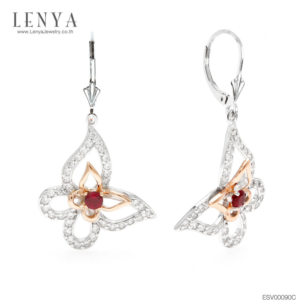 LENYA ต่างหูรูปผีเสื้อ ประดับโรโดไรท์ สีแดงสดใส เติมความโดดเด่นด้วยคิวบิคเซอโคเนียที่ปีกผีเสื้อ ตัวเรือนเงินแท้ ชุบทองคำขาวและทองชมพู 18K