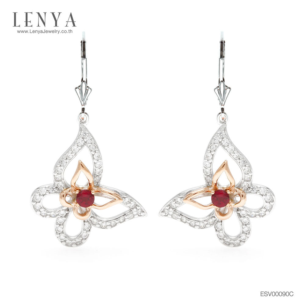 LENYA ต่างหูรูปผีเสื้อ ประดับโรโดไรท์ สีแดงสดใส เติมความโดดเด่นด้วยคิวบิคเซอโคเนียที่ปีกผีเสื้อ ตัวเรือนเงินแท้ ชุบทองคำขาวและทองชมพู 18K